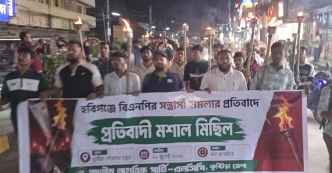 হবিগঞ্জে জাতীয় নাগরিক পার্টির ওপর হামলার প্রতিবাদে কুষ্টিয়ায় এনসিপির বিক্ষোভ ও মশাল মিছিল